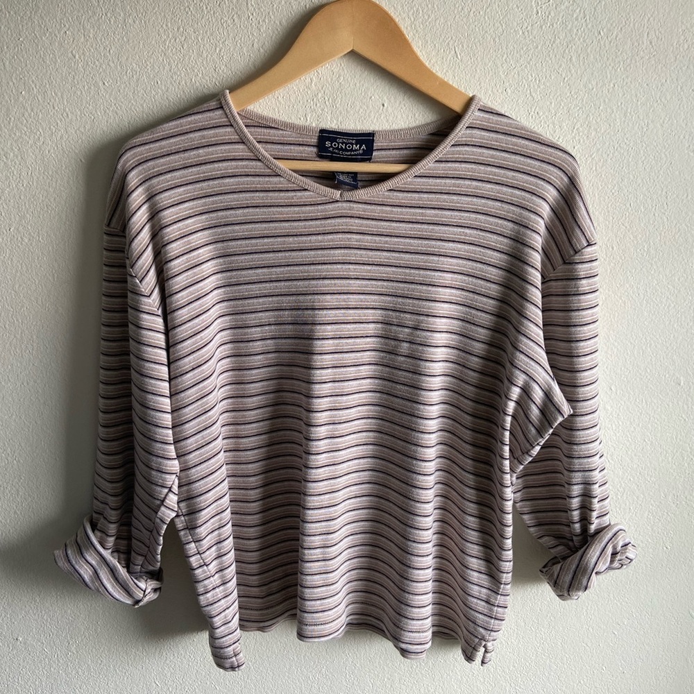 Vintage Sonoma Striped Tan & Black 3/4 Sleeve Shirt - Size Large
